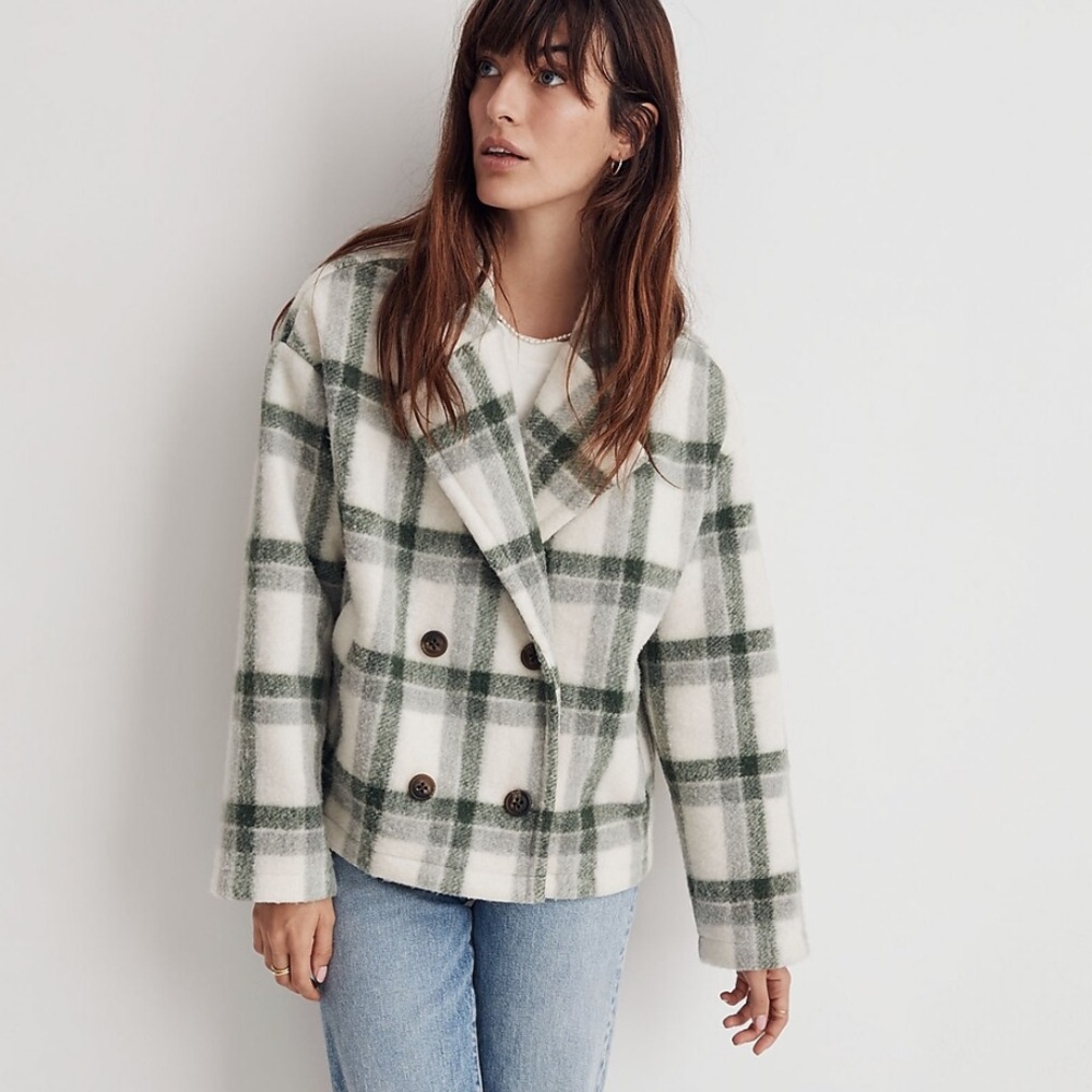 MADEWELL Jacquard Double-Breasted Crop Blazer in Plaid